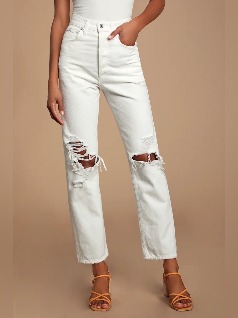 Agolde 90's High Rise Loose Fit White Distressed Jeans in White Out Size 26 EUC
